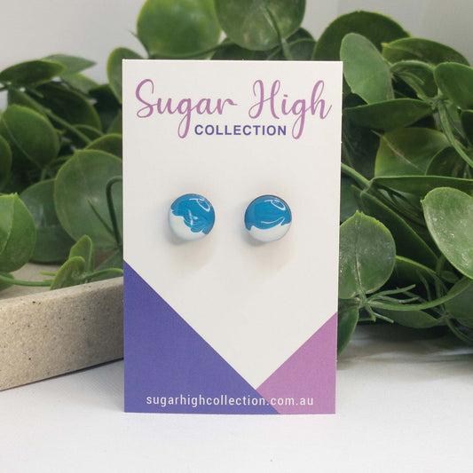 Bondi Blue + White | Wooden Stud Earrings