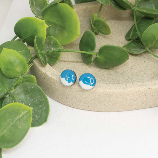 Bondi Blue + White | Wooden Stud Earrings