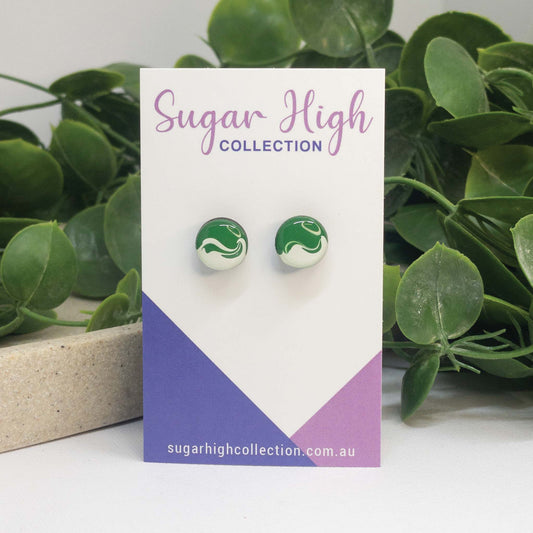 Forest Green + White | Wooden Stud Earrings