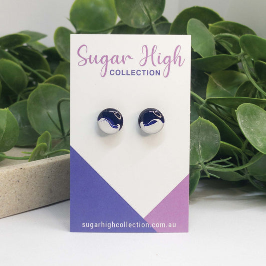 Indigo Blue + White | Wooden Stud Earrings