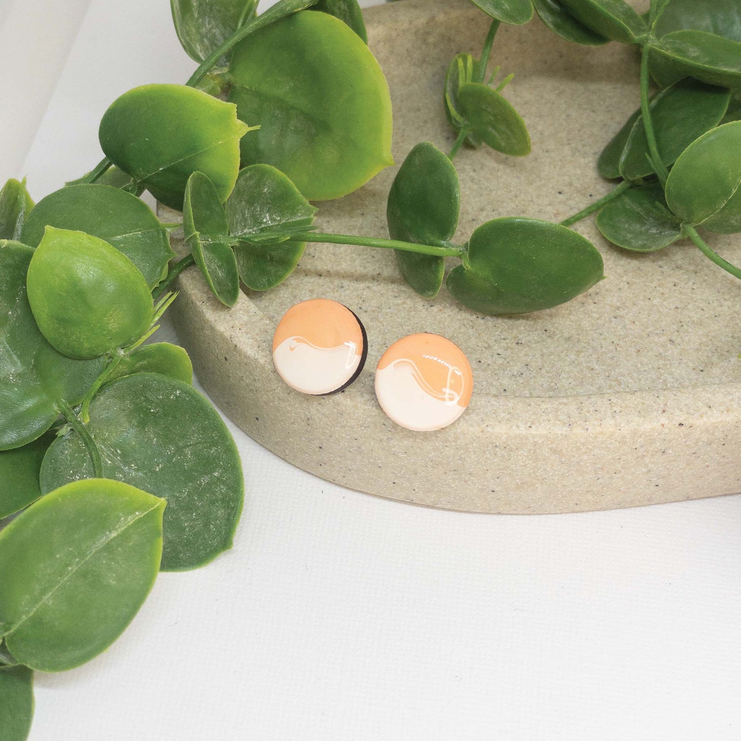 Peachy Dreams + White | Wooden Stud Earrings