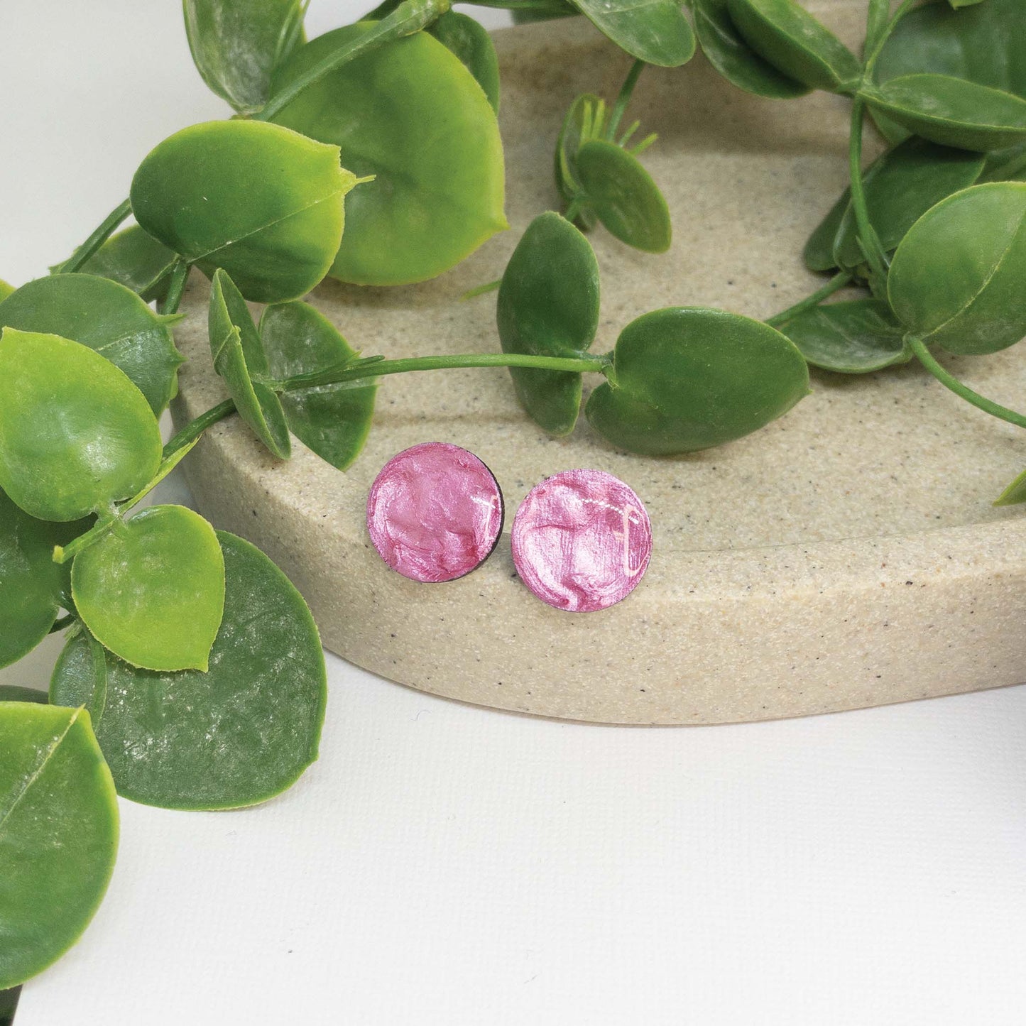 Pink Bloom | Wooden Stud Earrings